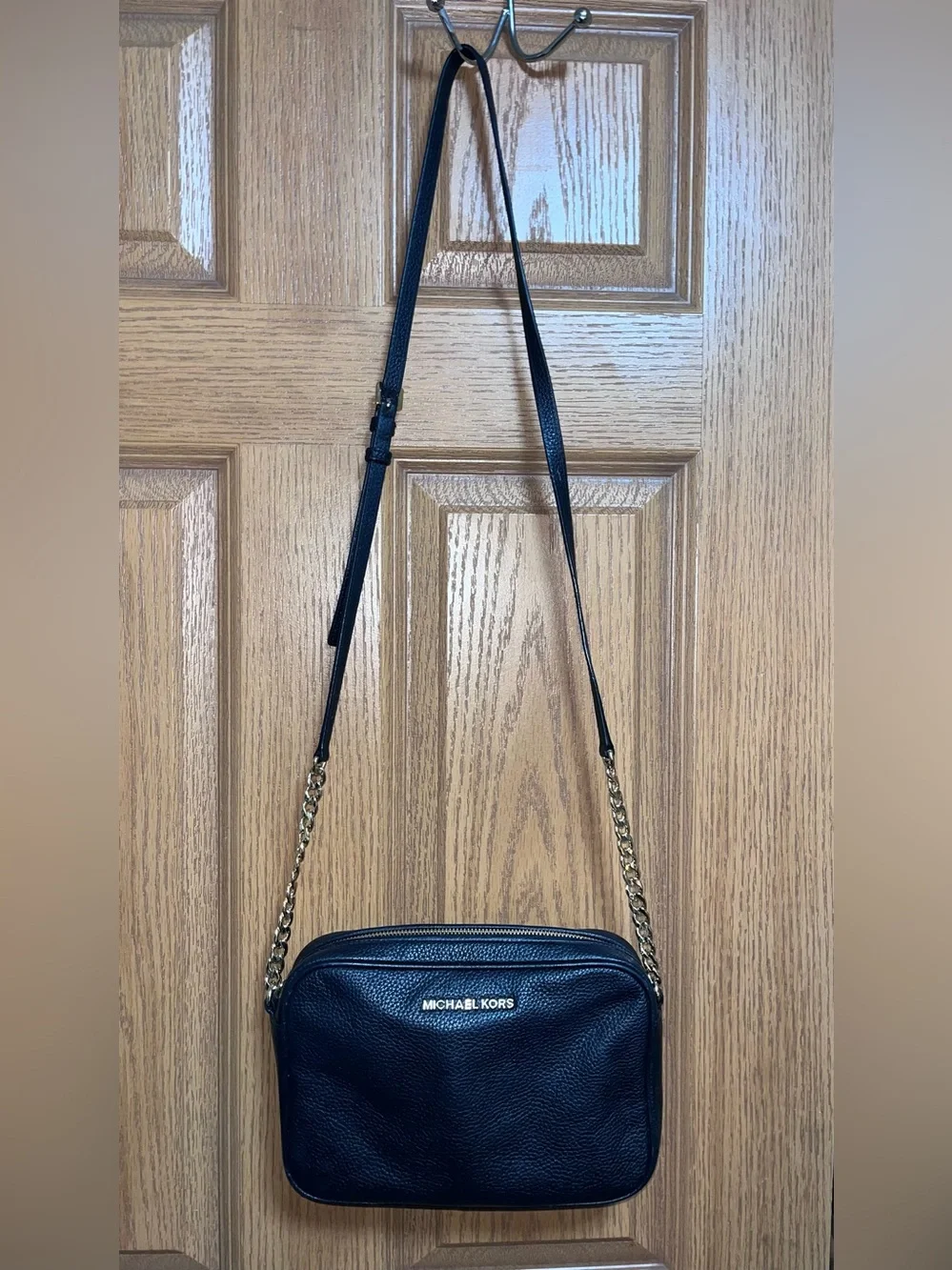 Michael Kors Black Pebbled Leather Crossbody with Gold Chain Strap